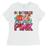 White in october we wear pink with pumpkins Ladies Tee - AdoDesignShop