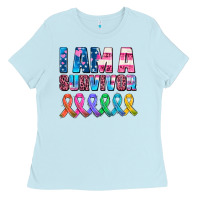 Baby Blue i am a survivor with all cancer ribbons Ladies Tee - AdoDesignShop