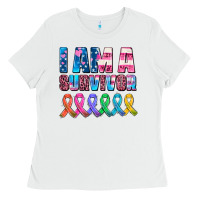 White i am a survivor with all cancer ribbons Ladies Tee - AdoDesignShop