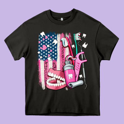 American Flag And Dental Elements With Teeth Heavy Core Tee Designed By Adodesignshop