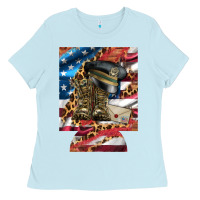 Baby Blue usa flag and leopard with boots 12 oz regular can cooler Ladies Tee - Artiststas