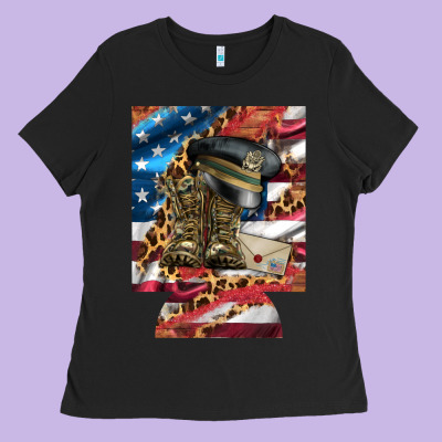 Usa Flag And Leopard With Boots 12 Oz Regular Can Cooler Ladies Tee Designed By Artiststas