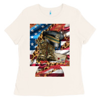 Bone usa flag and leopard with boots 12 oz regular can cooler Ladies Tee - Artiststas