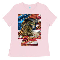 Bubblegum Pink usa flag and leopard with boots 12 oz regular can cooler Ladies Tee - Artiststas