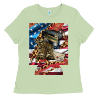 Matcha usa flag and leopard with boots 12 oz regular can cooler Ladies Tee - Artiststas