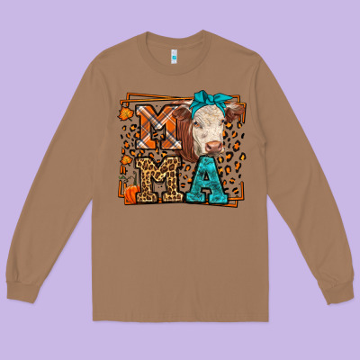 Western Fall Cow Mama Long Sleeve Tee Designed By Lillyallendesigns