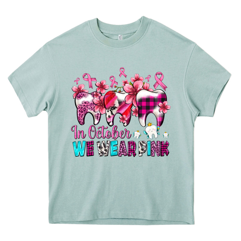 In October We Wear Pink Cancer Ribbon With Teeth Heavy Core Tee by AdoDesignShop | Teevron