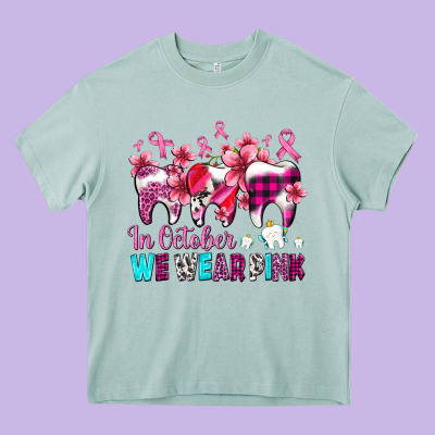 In October We Wear Pink Cancer Ribbon With Teeth Heavy Core Tee Designed By Adodesignshop