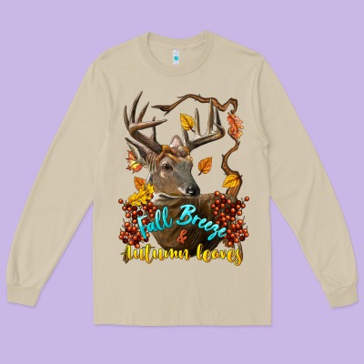 Fall Breeze And Autumn Leaves Deer Long Sleeve Tee Designed By Lillyallendesigns