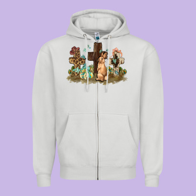 Western Rabbit Bunny With Crosses Easter Day Zipper Hoodie Designed By Howdyjamesfarm