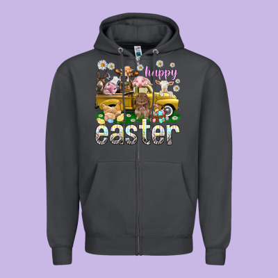 Happy Easter Truck With Farm Animals Easter Day Zipper Hoodie Designed By Howdyjamesfarm