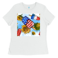 White 4th of july sunflowers ice cream seamless pattern Ladies Tee - BundleAndBundleShop