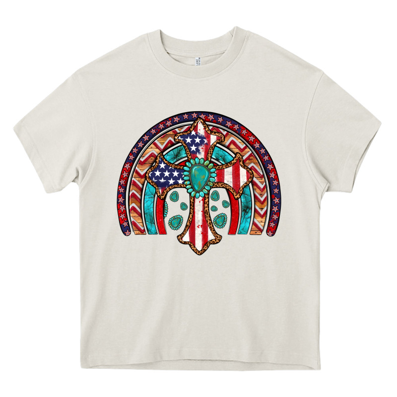Gemstone Cross American Flag Turquoise Rainbow Heavy Core Tee by Artiststas | Teevron