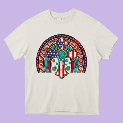 Gemstone Cross American Flag Turquoise Rainbow Heavy Core Tee Designed By Artiststas