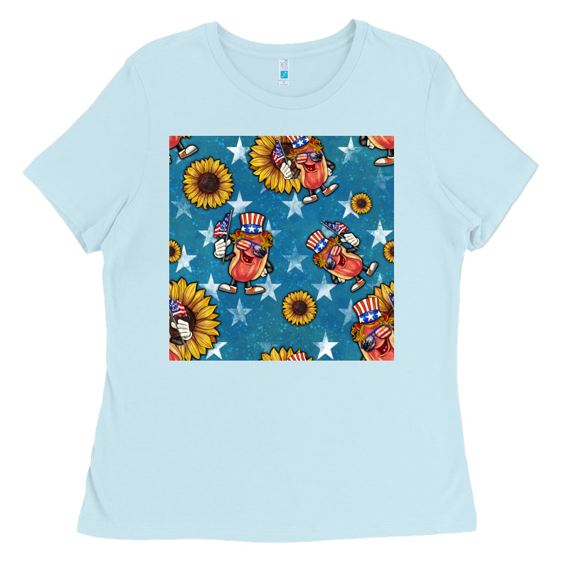 4th Of July Sunflowers Hotdog Seamless Pattern Ladies Tee by BundleAndBundleShop | Teevron