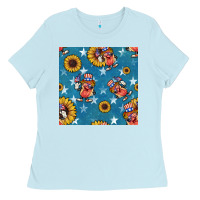 Baby Blue 4th of july sunflowers hotdog seamless pattern Ladies Tee - BundleAndBundleShop
