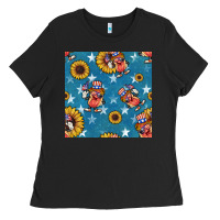 Black 4th of july sunflowers hotdog seamless pattern Ladies Tee - BundleAndBundleShop