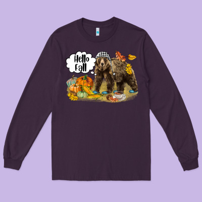 Hello Fall Brown Bear Long Sleeve Tee Designed By Lillyallendesigns