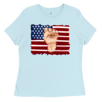 Baby Blue american flag with hand Ladies Tee - Artiststas