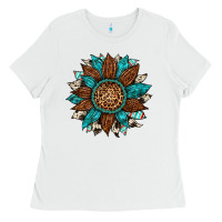 Gemstone Cowhide Leopard Turquoise Sunflower Ladies Tee | Teevron