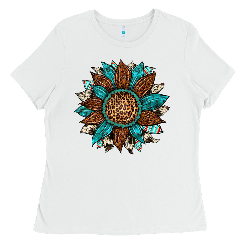 Gemstone Cowhide Leopard Turquoise Sunflower Ladies Tee by Artiststas | Teevron