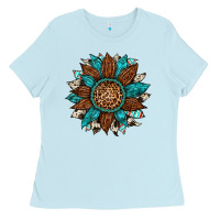 Baby Blue gemstone cowhide leopard turquoise sunflower Ladies Tee - Artiststas