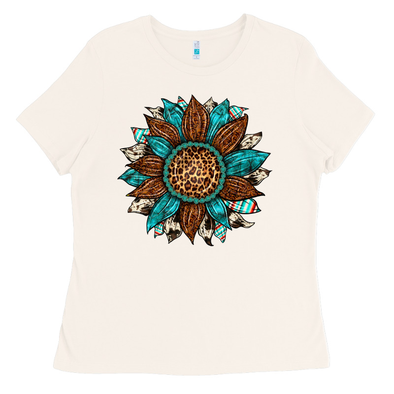 Gemstone Cowhide Leopard Turquoise Sunflower Ladies Tee by Artiststas | Teevron