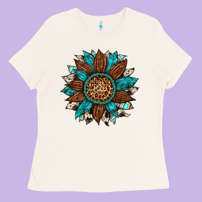 Gemstone Cowhide Leopard Turquoise Sunflower Ladies Tee Designed By Artiststas
