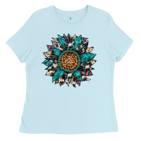Baby Blue cowhide leopard serape gemstone  sunflower Ladies Tee - Artiststas