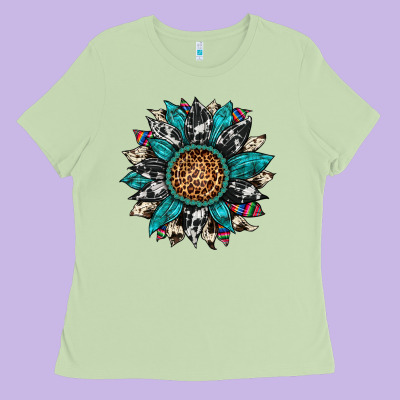 Cowhide Leopard Serape Gemstone  Sunflower Ladies Tee Designed By Artiststas