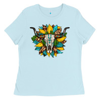 Baby Blue bull skull gemstone cactus leopard sunflower Ladies Tee - Artiststas