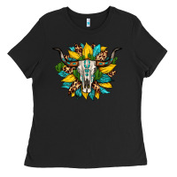 Black bull skull gemstone cactus leopard sunflower Ladies Tee - Artiststas