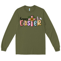 Army Green Happy Easter With Cross Long Sleeve Tee - RanaPortraitStore