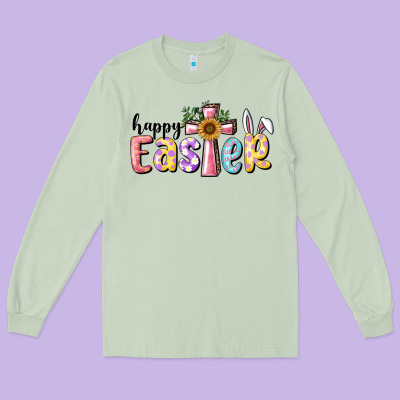 Happy Easter With Cross Long Sleeve Tee Designed By Ranaportraitstore