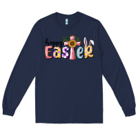 Navy Happy Easter With Cross Long Sleeve Tee - RanaPortraitStore