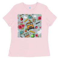 Bubblegum Pink school bus back to school seamless pattern Ladies Tee - BundleAndBundleShop