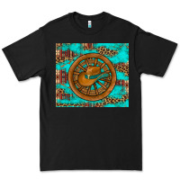 Black cowboy hat turquoise aztec background old wheel Premium Tee - Artiststas