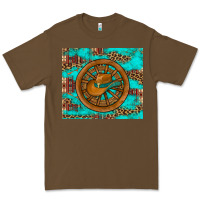 Cacao cowboy hat turquoise aztec background old wheel Premium Tee - Artiststas