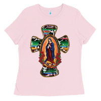 Bubblegum Pink Our Lady Of Guadalupe Cross Ladies Tee - RanaPortraitStore