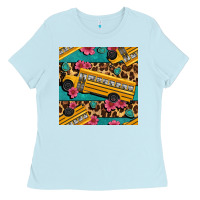 Baby Blue school bus and leopar seamless pattern Ladies Tee - BundleAndBundleShop