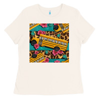 Bone school bus and leopar seamless pattern Ladies Tee - BundleAndBundleShop
