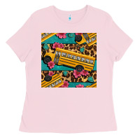 Bubblegum Pink school bus and leopar seamless pattern Ladies Tee - BundleAndBundleShop