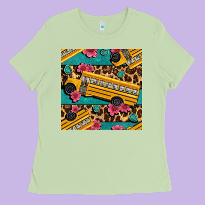School Bus And Leopar Seamless Pattern Ladies Tee Designed By Bundleandbundleshop