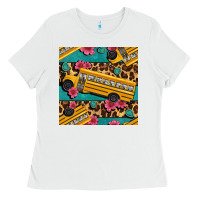 White school bus and leopar seamless pattern Ladies Tee - BundleAndBundleShop