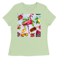 Matcha sweet summer flamingo seamless pattern Ladies Tee - BundleAndBundleShop