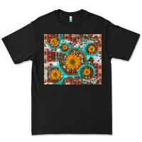 Black sunflowers and western old wheel aztec cowhide background Premium Tee - Artiststas