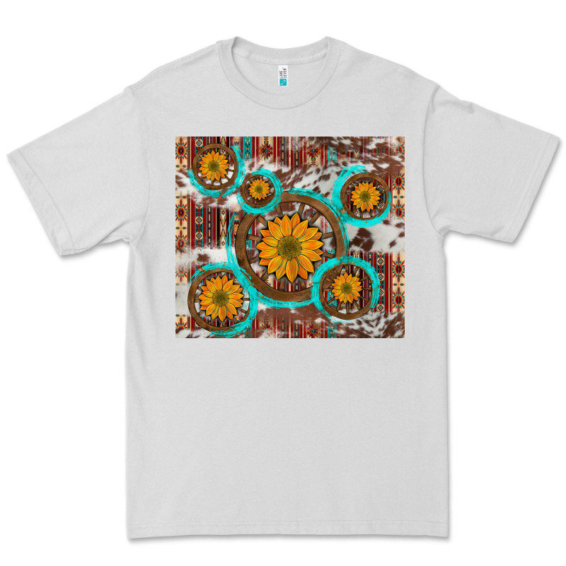 Sunflowers And Western Old Wheel Aztec Cowhide Background Premium Tee by Artiststas | Teevron