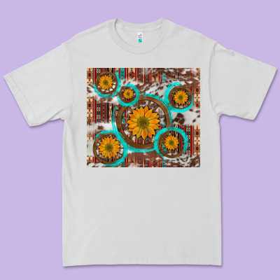 Sunflowers And Western Old Wheel Aztec Cowhide Background Premium Tee Designed By Artiststas