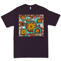 Plum sunflowers and western old wheel aztec cowhide background Premium Tee - Artiststas