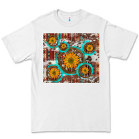 White sunflowers and western old wheel aztec cowhide background Premium Tee - Artiststas
